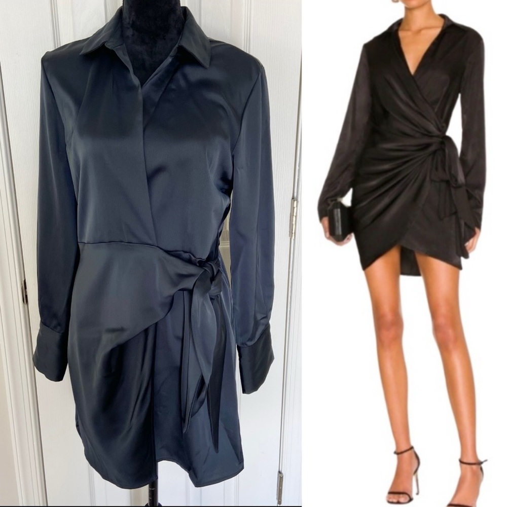 Revolve House of Harlow 1960 Black Satin Wrap Tie Draped Mini Dress Medium